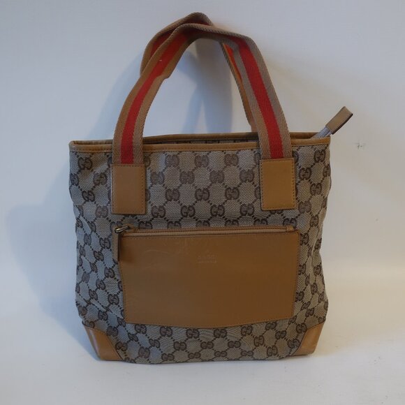 Authentic Gucci Taupe Brown Canvas Leather Shoulder Tote Handbag - Picture 1 of 16
